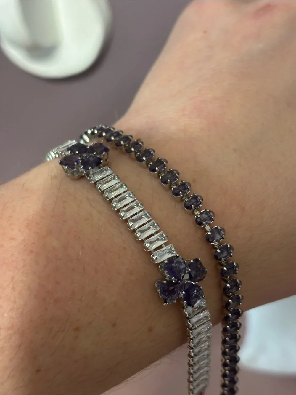 Elegant Silver Bracelet Duo with Purple Stones